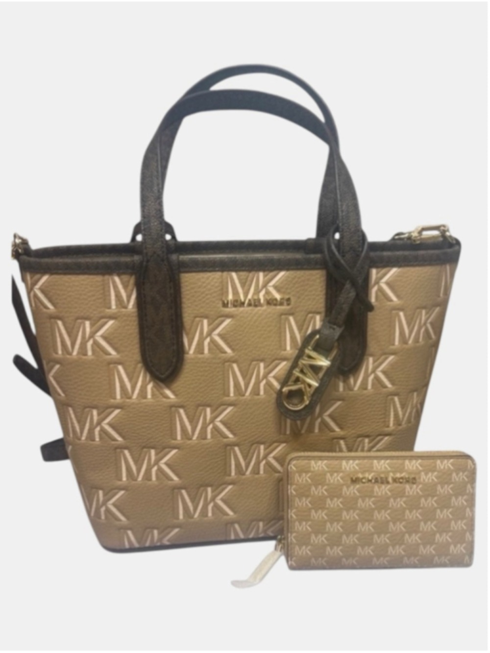 Michael Kors Eliza Small Embossed Tote & Matching Wallet Camel Brown Tan Logo - Picture 2 of 15